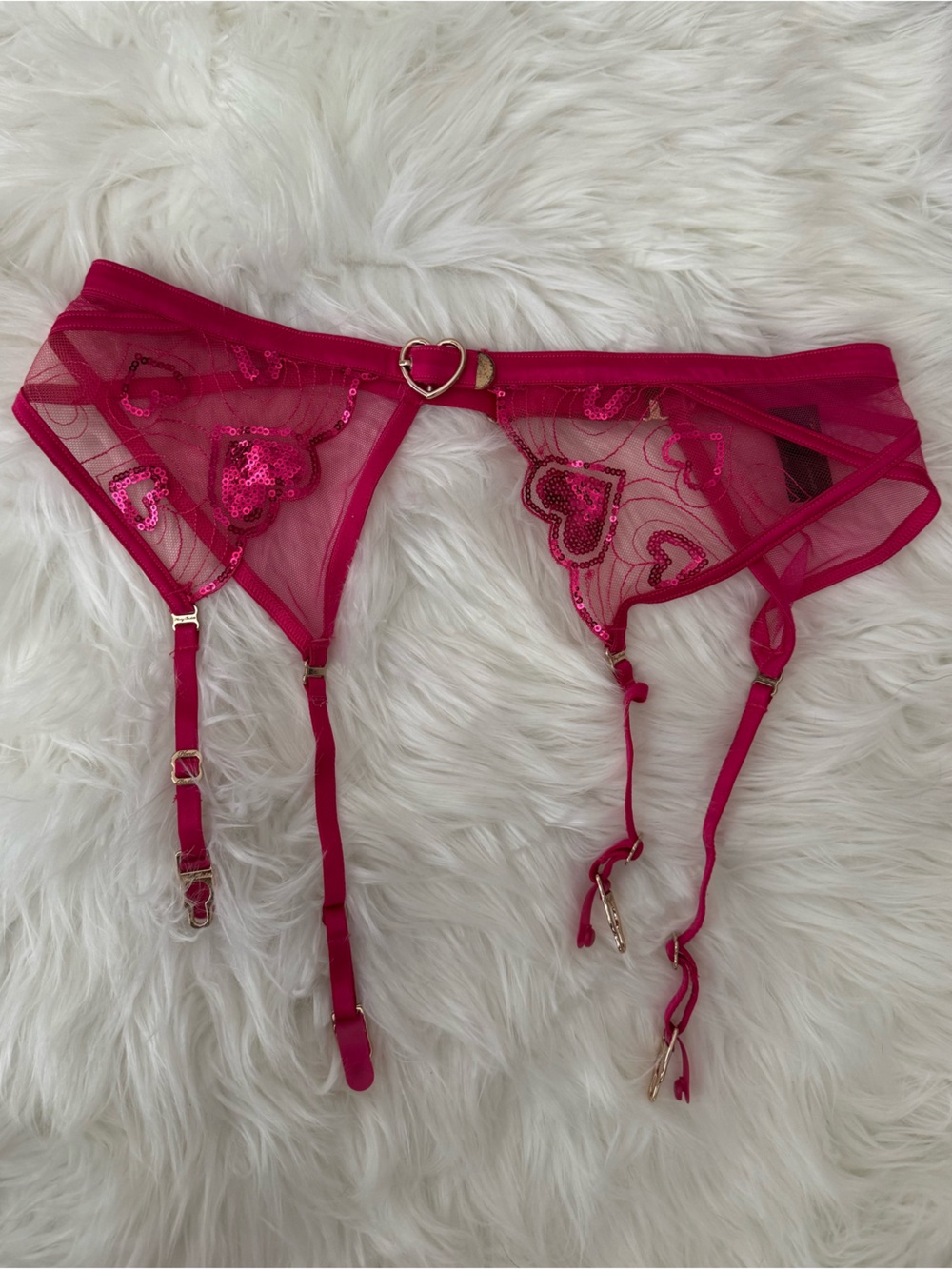 Honey Birdette Juliet Sheer Heart Sequin Garter Suspender - Hot Pink (Medium) - Picture 8 of 8